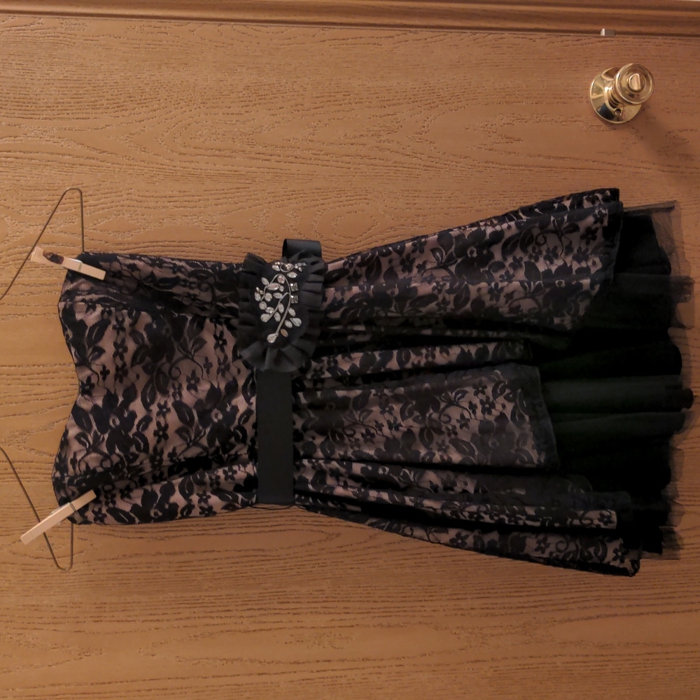 Strapless Tan Dress with Black Lace Size 1